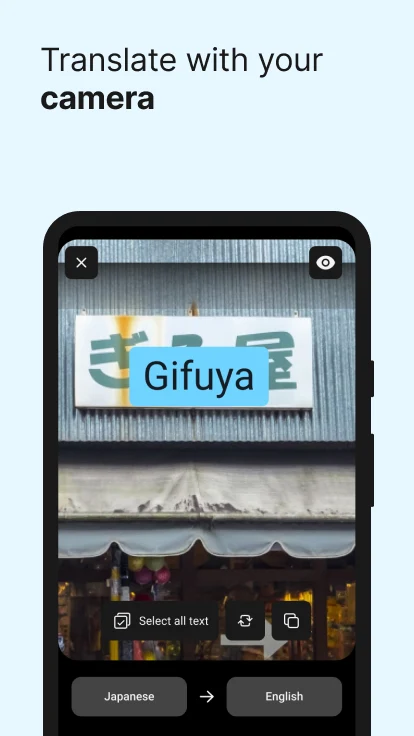 DeepL 官方 Android 商店截图：相机画面中的文字叠层与复制入口