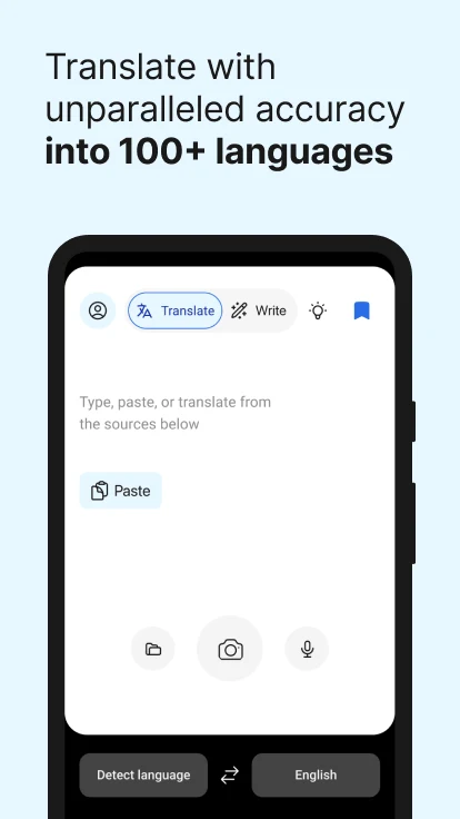 DeepL 官方 Android 商店截图:翻译页的图片与相机入口
